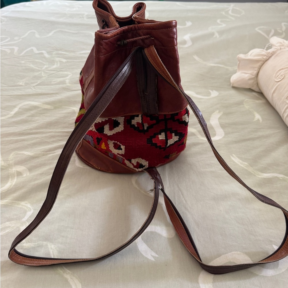 Brown And Red Patterned Leather Drawstring Bag/Ba… - image 3
